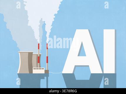 Fabrik mit Schornsteinen, die in große KI-Buchstaben auf blauem Hintergrund gesteckt sind Stockfoto
