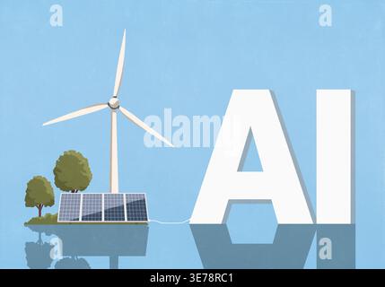 Wind- und Solarpark in große KI-Buchstaben auf blauem Hintergrund gesteckt Stockfoto
