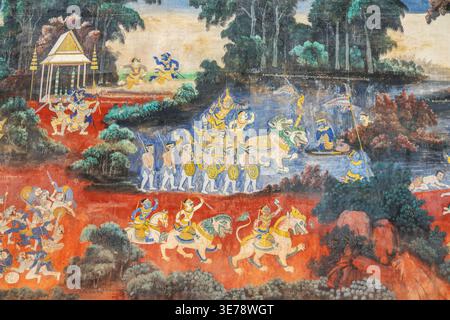 Detail eines antiken Wandfresko-Gemäldes, das das Ramayana im Königlichen Palast von Kambodscha in Phnom Penh darstellt Stockfoto