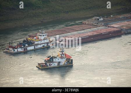 Zwei Schlepper manövrieren entlang eines großen Konvois schwer beladener Lastkähne auf dem Fluss Paraná bei Foz do Iguacu, Brasilien. Die Luftaufnahme zeigt sich Stockfoto