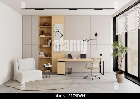 Helles skandinavisches Home Office mit natürlichem Licht und sanften neutralen Tönen, minimalistischen Möbeln und sauberer Einrichtung für modernen Arbeitsplatz und Inneneinrichtung Stockfoto