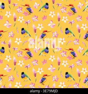 Aquarellmuster mit tropischen Vögeln und Plumeria-Blumen auf hellem Hintergrund. Helle exotische Illustration mit Blättern und Blütenblättern. Perfekt für Stockfoto