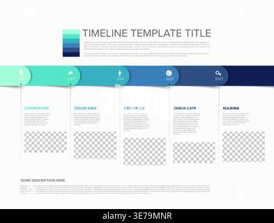 Diese blaue Infografik zur geschäftlichen Chronik enthält fünf verschiedene Schritte für eine professionelle Chronik mit Foto-Platzhaltern. Geschäftszeitplan für Showcas Stock Vektor
