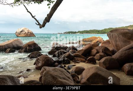 Tropische Küste mit großen Felsen, türkisfarbenem Meer, Sandstrand, Baumästen und fernen Inseln unter hellem Himmel, ideal für Reisen, Urlaub, Natur und Stockfoto