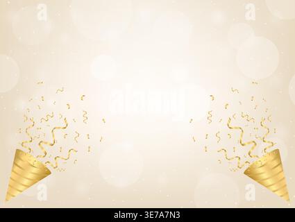 Partyhintergrund. Party Popper oder Firecracker mit Konfetti auf goldenem Hintergrund. Fallende Konfetti für Party, Feier, Jubiläum, Weihnachten oder N Stock Vektor