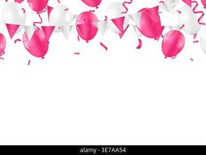 Ballons mit Konfetti und Partyflaggenfeier Hintergrund. Hintergrund für Party, Geburtstag, Feier oder Jahrestag. Vektorabbildung. Stock Vektor