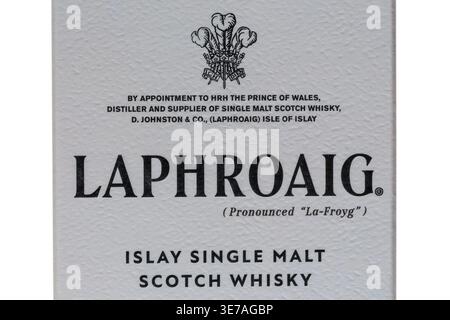 UK Royal Warrant auf einer Schachtel Laphroaig Islay Single Malt Scotch Whisky - nach Bestellung an HRH The Prince of Wales Stockfoto