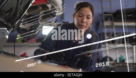 Frau Mechanikerin überprüft Motor in Werkstatt mit Taschenlampe, in schwarzen Handschuhen, nachdem Overlays erscheinen 2007 2018 Stockfoto