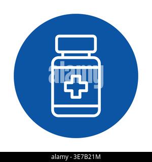 Einfache Illustration einer medizinischen Flasche mit einem Pluszeichen, vor einem blauen Hintergrund gesetzt. Perfekt für die Repräsentation von Gesundheitswesen, medizinischen Dienstleistungen oder pha Stock Vektor