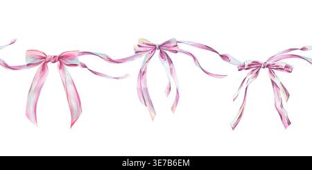 Aquarellgirlande aus dekorativen rosa Pastellbändern mit Schleifen. Handgezeichnete Illustration von seidenen Knoten aus Satin. Niedliches, ästhetisches nahtloses Randelement Stockfoto
