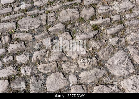 Der Steinweg zeigt Abnutzung von Zeit und Natur mit Gras wächst. Stockfoto