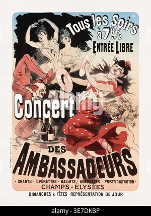 Farbiges lithographisches Poster von Jules Chéret zur Förderung der Konzerte im Café-Konzert der Ambassadeurs in Paris. Der Ort ist jetzt nicht mehr da. Stockfoto
