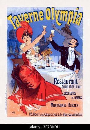 Farbiges lithographisches Poster von Jules Chéret zur Werbung für das Pariser Café-Konzert Taverne Olympia (früher Montagne Russe), das Ende des 19. Jahrhunderts berühmt wurde. Stockfoto