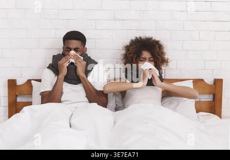 Das kranke schwarze Paar bläst die Nase auf das Taschentuch, während es zu Hause unter einer weißen Decke auf dem Bett sitzt Stockfoto