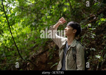 Asiatischer männlicher Wanderer, der wegblickt, während er im Wald steht Stockfoto