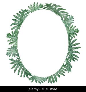 Ovalkranz mit tropischen Blättern in Aquarellfarben. Handgezeichnete grüne Laubellipse mit detaillierter Textur und Monstera-Pflanzenform. Blumendesign für Gartenkarte. Natur-Grün-Vorlage für botanische Kunst. Stockfoto