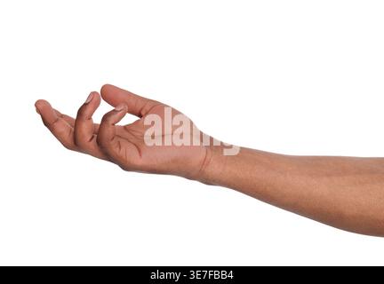 Hand des Schwarzen Mannes, der im Studio vor weißem Hintergrund eine Geste macht Stockfoto