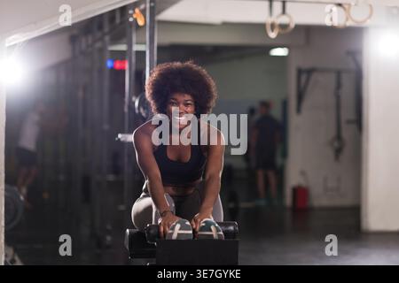 Fröhliche schwarze Frau mit Afro-Kleidung, die im Fitnessstudio Sit-ups macht Stockfoto