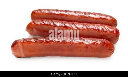Appetitliche Bratwurst-Nahaufnahme auf weißem isoliertem Hintergrund Stockfoto