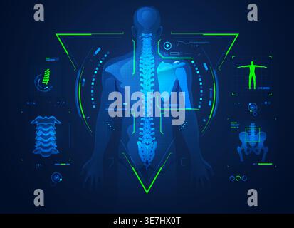 Konzept der chiropraktischen Technologie oder der Wirbelsäulenmedikamentösen Behandlung, Darstellung des menschlichen Rückenknochens mit Röntgenschnittstelle Stock Vektor