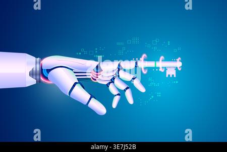 Konzept der digitalen Transformation oder des Deep Learning, Grafik der Roboterhand mit Zeigefinger-Taste Stock Vektor