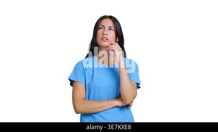 Eine Frau, die Zweifel hat und transparente Hintergründe sieht Stockfoto