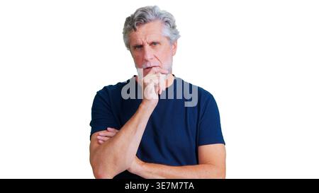 Nachdenklicher Senior-Mann, der mit Hand am Kinn nachdenkt Stockfoto
