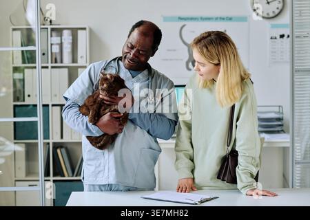 Schwarzer männlicher Tierarzt hält Katze am Tisch in der Nähe des kaukasischen Besitzers in der Tierklinik Stockfoto