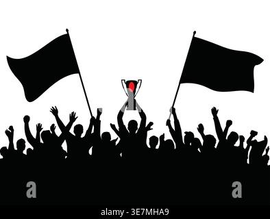 Fröhliche Menschenmenschen-Silhouette. Applaus der Menge. Demonstration, Protest. Sportfans mit Fahnen, Gruppe von Menschen mit einer Fahne Stock Vektor