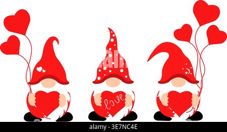 Set von Cartoon Valentine Gnomes isoliert auf grauem Hintergrund Stock Vektor