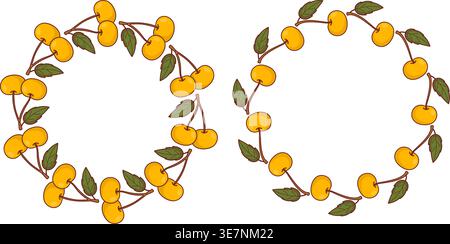 Set Mit Gelben, Süßen Kirschkranzrahmen. Der dichte und lose Kreis grenzt mit Sommerbeeren und grünen Blättern. Isolierter runder Rahmen mit botanischen Früchten Stock Vektor