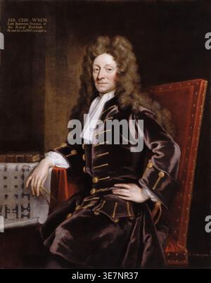 Sir Christopher Wren, der englische Architekt und Polymath, in einem Öl-auf-Leinwand-Porträt von Sir Godfrey Kneller im Jahre 1711. Das Motiv ist mit Trennwänden und architektonischen Plänen in einem dunklen Samtmantel dargestellt. Eine posthume Inschrift, die nach 1723 in der oberen linken Ecke angebracht wurde, dokumentiert seinen Tod im Alter von 91 Jahren und seine Rolle als Surveyor General der Royal Buildings. Stockfoto
