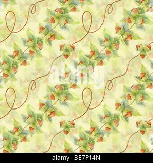 Nahtloses Muster in Herbst-Aquarellen mit Haselnüssen, grünen Blättern und Garnfäden. Botanisches Waldgestell für Textilien. Stockfoto