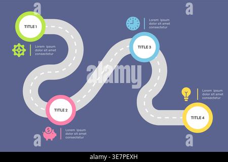 Infografik der verwinkelten Roadmap mit 4-stufiger Illustration des flachen Vektors Stock Vektor