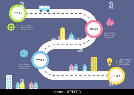 Roadmap-Infografik mit kurviger Street Timeline und City Icon Elements Vector Illustration Stock Vektor