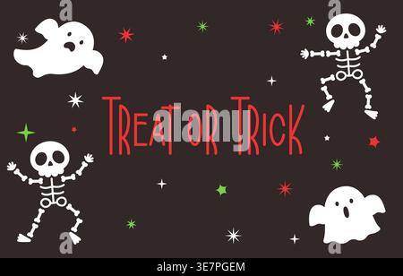 Halloween-Geschenk oder Trick Text mit tanzenden Skeletten und Geistern auf dunklem Hintergrund Vektor-Illustration Stock Vektor