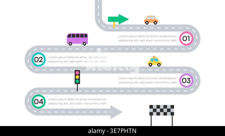 Roadmap-Infografik mit Autos, Ampeln und nummerierten Schritten auf der Vektorgrafik „Winding Path“ Stock Vektor