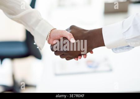 Schwarze und kaukasische Geschäftsleute schütteln die Hand, nachdem sie einen Deal im Amt abgeschlossen haben Stockfoto