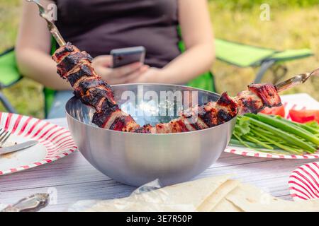 Picknick in der Natur, gekochter Grill und Gemüse mit Kräutern auf dem Tisch. Stockfoto