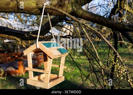 An einem sonnigen Frühlingstag in einem Stadtpark hängt ein Vogelfutter an einem Baumzweig. Das Vogelfutter aus Planken hängt an einer Schnur. Stockfoto