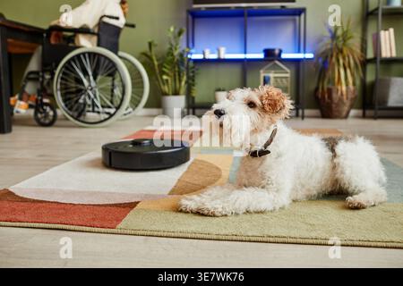 Behinderte Schwarze Frau im Rollstuhl, die an einem Laptop arbeitet, am Tisch neben dem Hund zu Hause sitzt Stockfoto