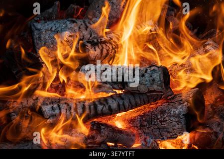 Detaillierte Ansicht von Baumstämmen, die intensiv knistern und brennen, mit hellen orangen Flammen, die um sie herum tanzten Stockfoto
