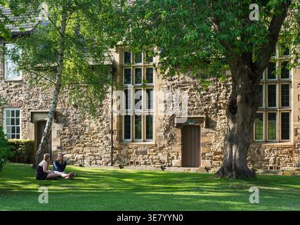 Zwei junge Frauen sitzen auf dem Gras vor einem historischen Steinhaus und genießen einen sonnigen Tag auf dem Gelände des Alten Gymnasiums Stockfoto