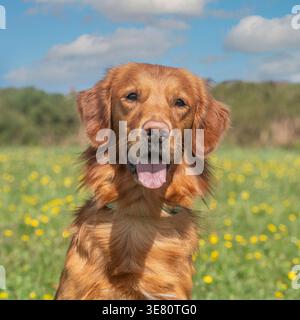 goldener Retriever-Hund auf einem sonnigen grünen Feld mit blauem Himmel Stockfoto