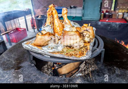 Appetitliche Stücke von gebackenem und gegrilltem Fleisch auf dem Grill über den heißen Kohlen gekocht Stockfoto