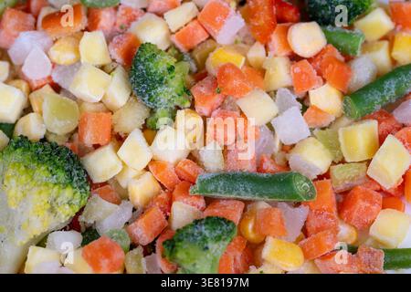 Close up bunte Gemüsemischung ideal für Lunchbox oder Snack, gewürfelte Karotten, Maiskerne, Brokkoli, verspielte Palette fördert gesunde Ernährung für c Stockfoto
