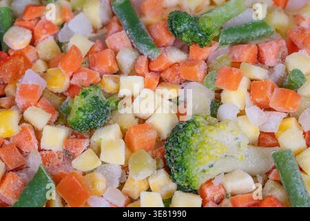 Tiefkühlgemüse mit bunten Stückchen und Brokkoli mit frostiger Beschichtung, präsentiert als umweltbewusstes Produktkonzept für Sustaina Stockfoto