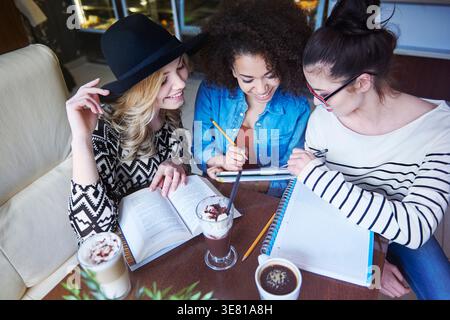 Verschiedene Gruppe weiblicher Freunde, die Notizen machen, während sie am Tisch im Café sitzen Stockfoto