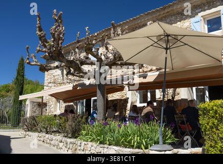 Gäste genießen ein Mittagessen auf der Terrasse des Restaurants Les Méjeonnes, Valaurie, Drôme, Frankreich, und genießen die Wärme der Frühjahrssonne in der Provence. Stockfoto