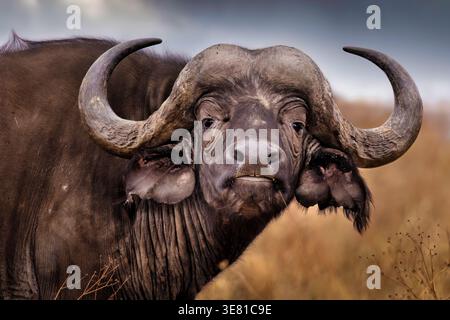Afrikanischer Büffel (Syncerus Caffer) Nahaufnahme Porträt im Ngorongoro-Krater, Tansania. Stockfoto